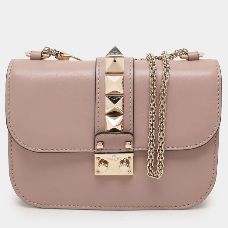 Pre Owned Valentino Beige Leather Small Rockstud Glam Lock Flap Bag