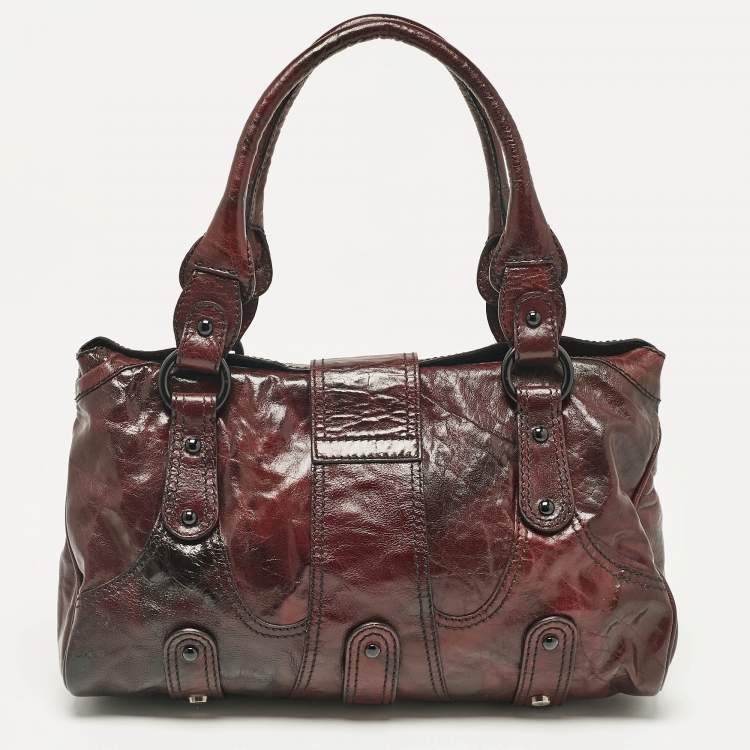 Pre Owned Valentino Dark Burgundy Leather Crystals Catch Satchel