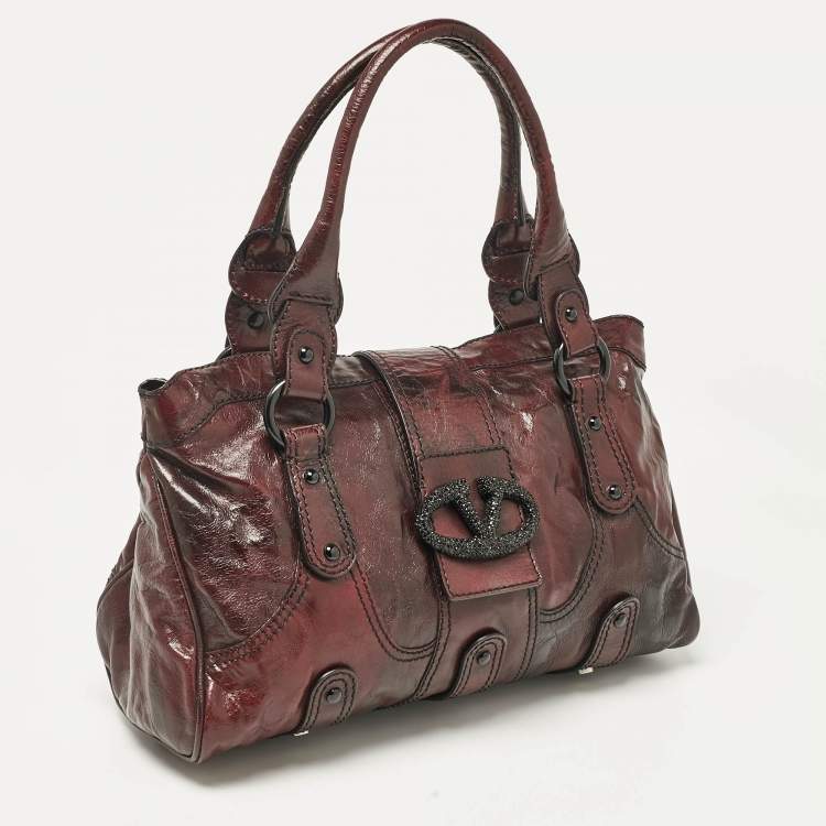 Pre Owned Valentino Dark Burgundy Leather Crystals Catch Satchel