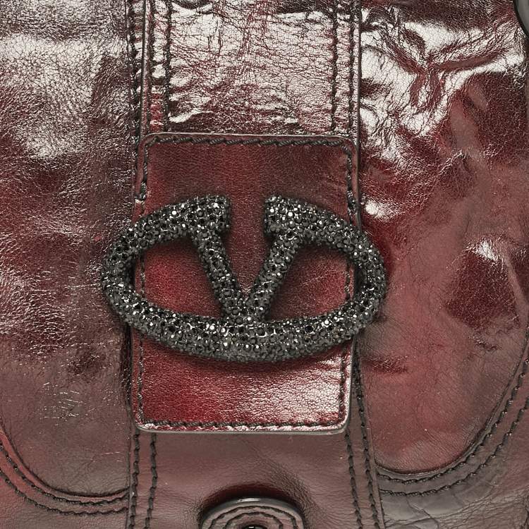 Pre Owned Valentino Dark Burgundy Leather Crystals Catch Satchel