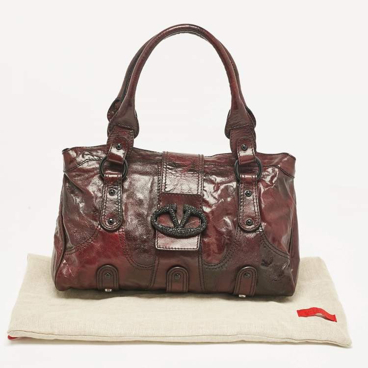 Pre Owned Valentino Dark Burgundy Leather Crystals Catch Satchel