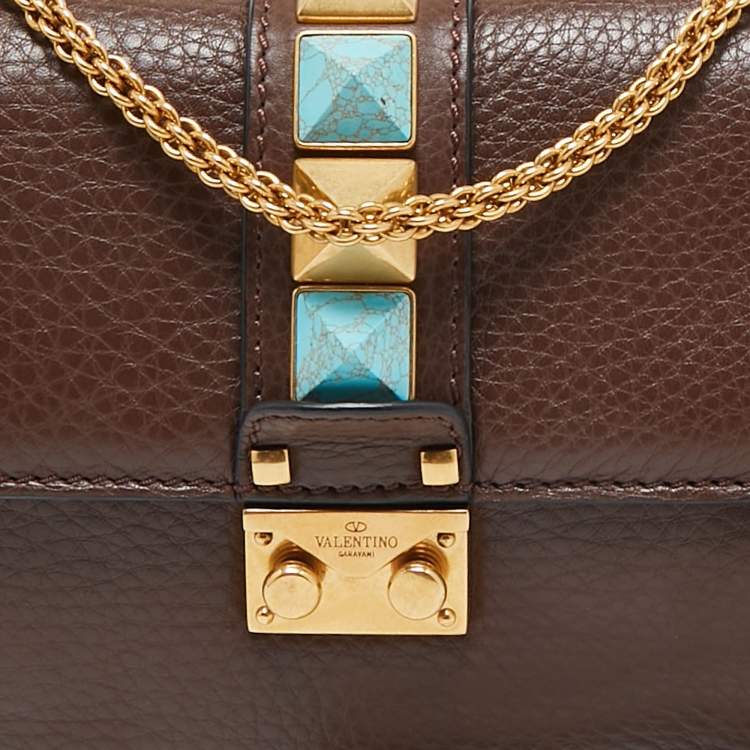 Pre Owned Valentino Brown Leather Small Rolling Rockstud Glam Lock Flap Bag