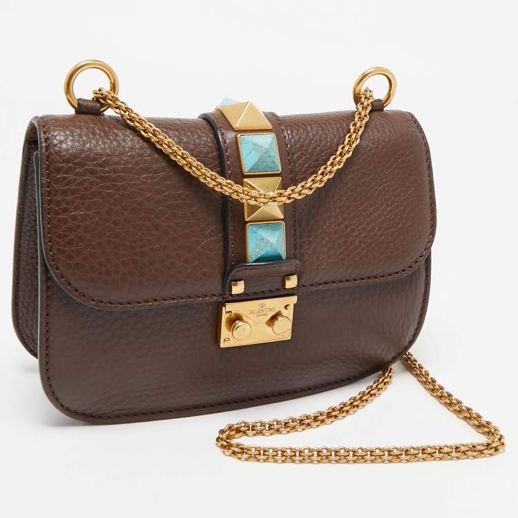 Pre Owned Valentino Brown Leather Small Rolling Rockstud Glam Lock Flap Bag