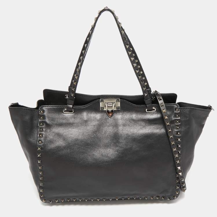 Pre Owned Valentino Black Leather Medium Rockstud Trapeze Tote