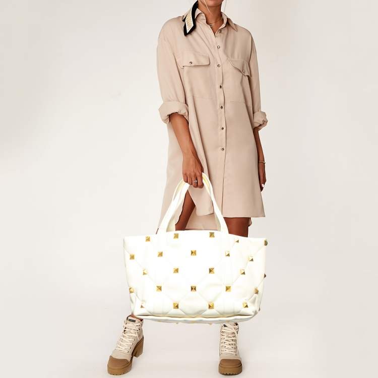 Pre Owned Valentino Off White Leather Roman Stud Shopper Tote