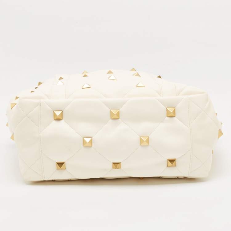 Pre Owned Valentino Off White Leather Roman Stud Shopper Tote