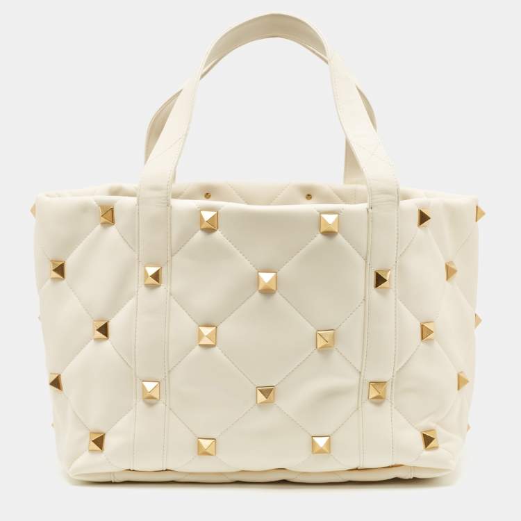 Pre Owned Valentino Off White Leather Roman Stud Shopper Tote