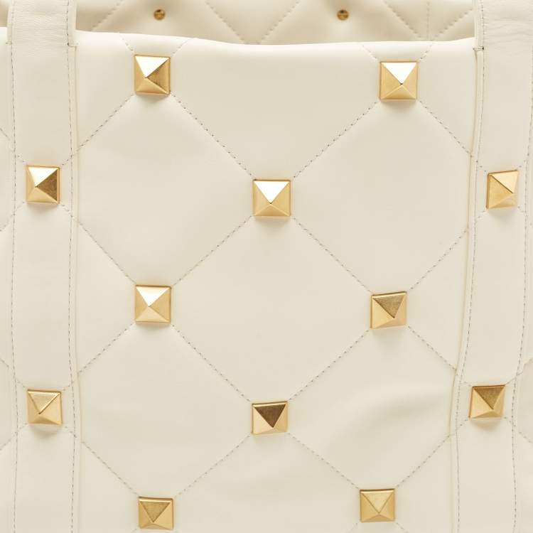 Pre Owned Valentino Off White Leather Roman Stud Shopper Tote