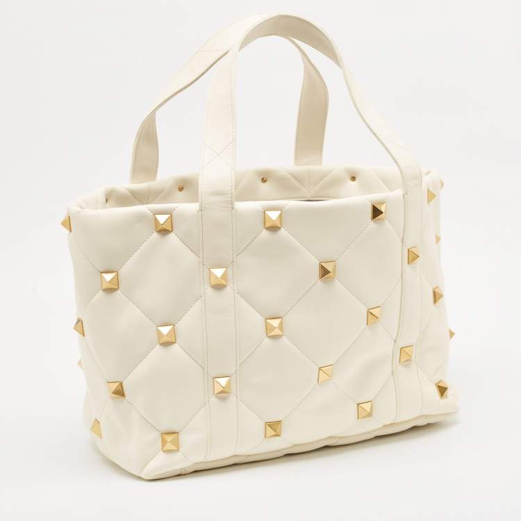 Pre Owned Valentino Off White Leather Roman Stud Shopper Tote