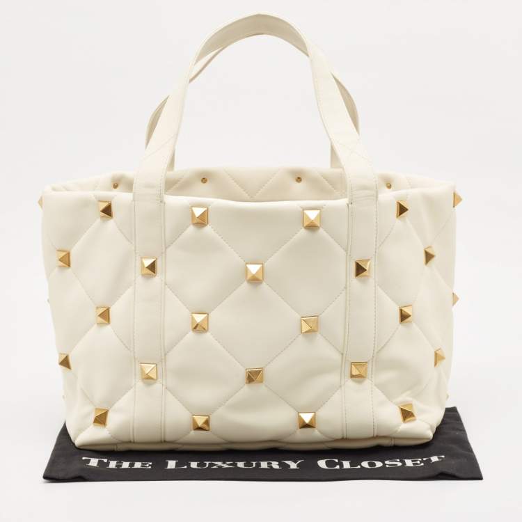 Pre Owned Valentino Off White Leather Roman Stud Shopper Tote
