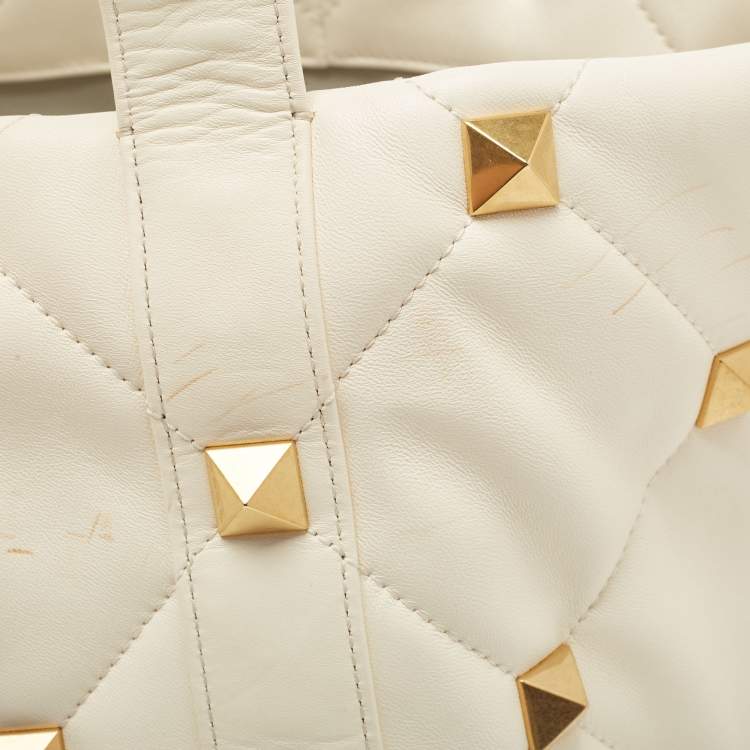 Pre Owned Valentino Off White Leather Roman Stud Shopper Tote