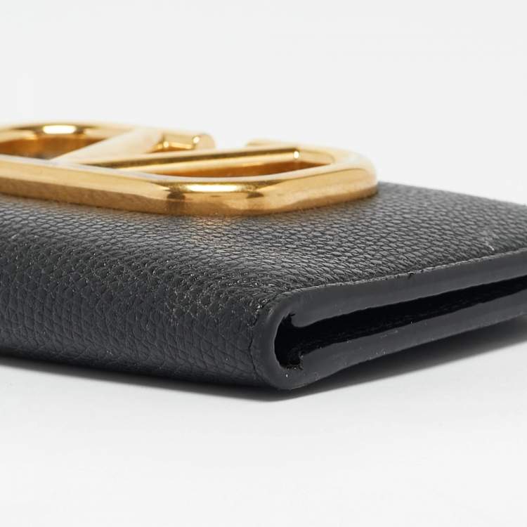 Pre Owned Valentino Black Leather V-Logo Signature Compact Wallet