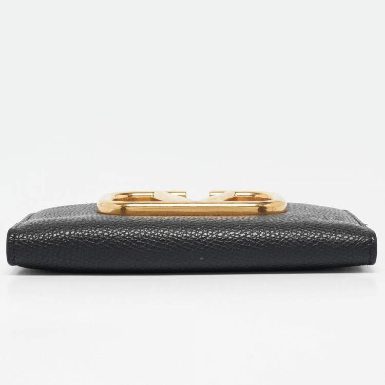 Pre Owned Valentino Black Leather V-Logo Signature Compact Wallet