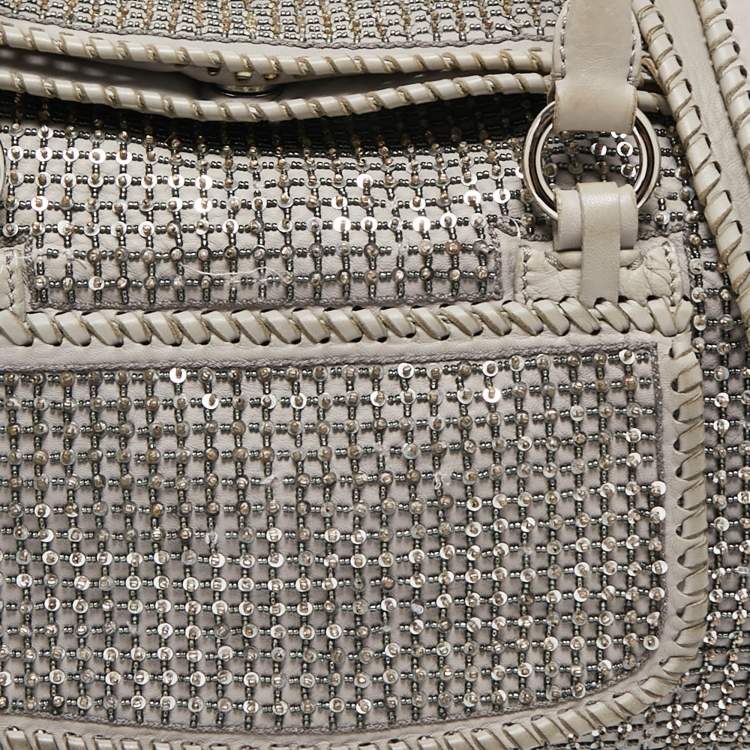 Pre Owned Valentino Grey Leather, Beads and Sequins Embellished Satchel