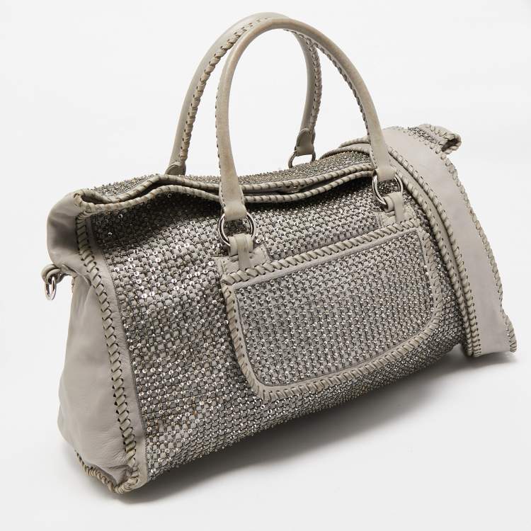 Pre Owned Valentino Grey Leather, Beads and Sequins Embellished Satchel