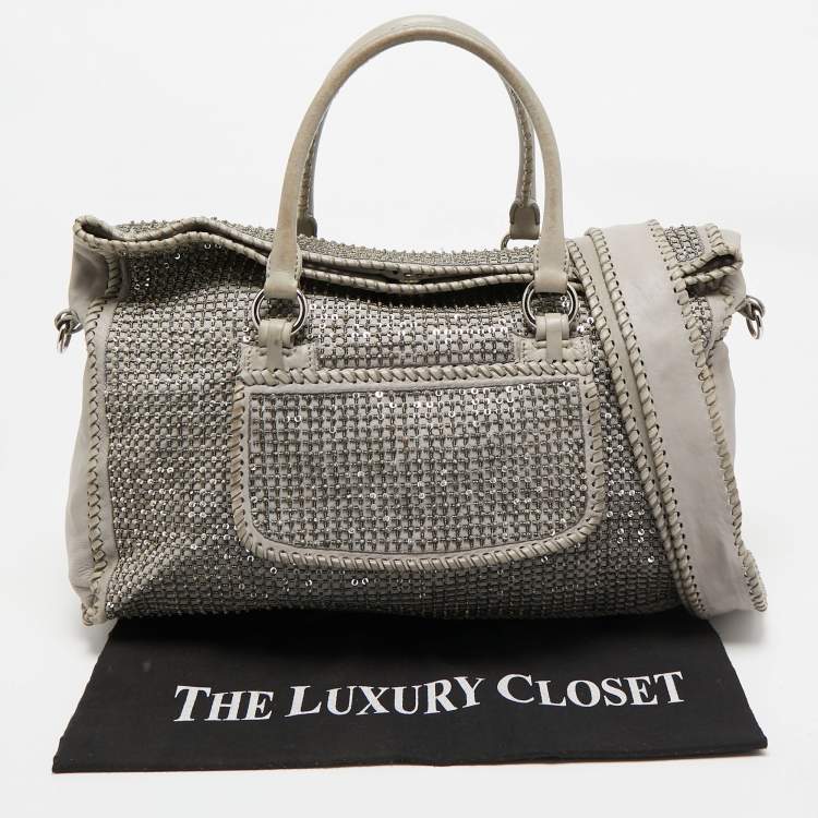 Pre Owned Valentino Grey Leather, Beads and Sequins Embellished Satchel