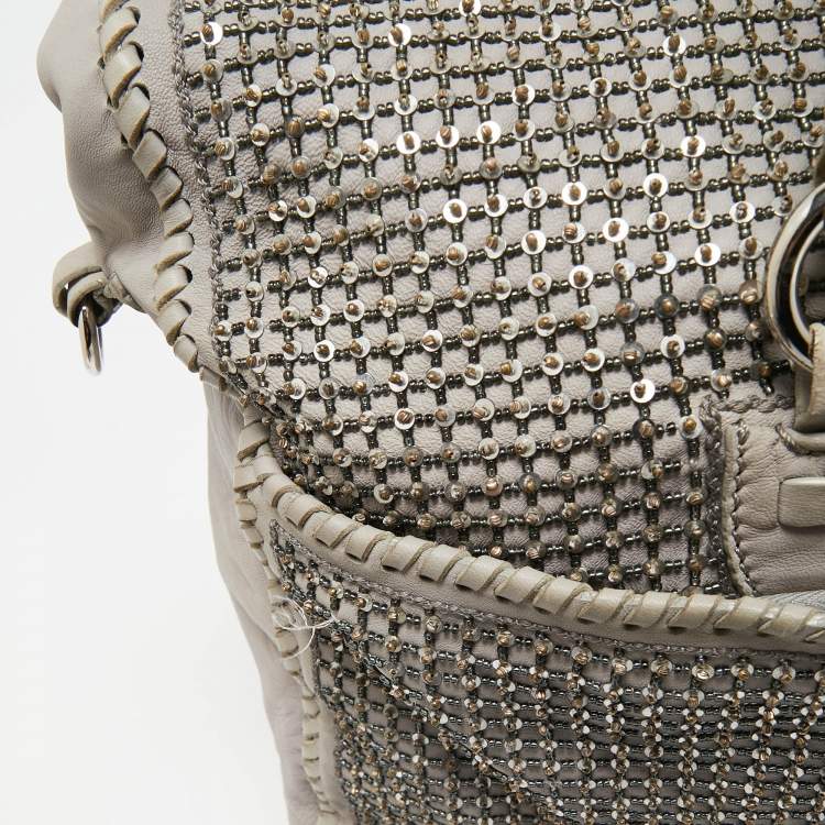Pre Owned Valentino Grey Leather, Beads and Sequins Embellished Satchel