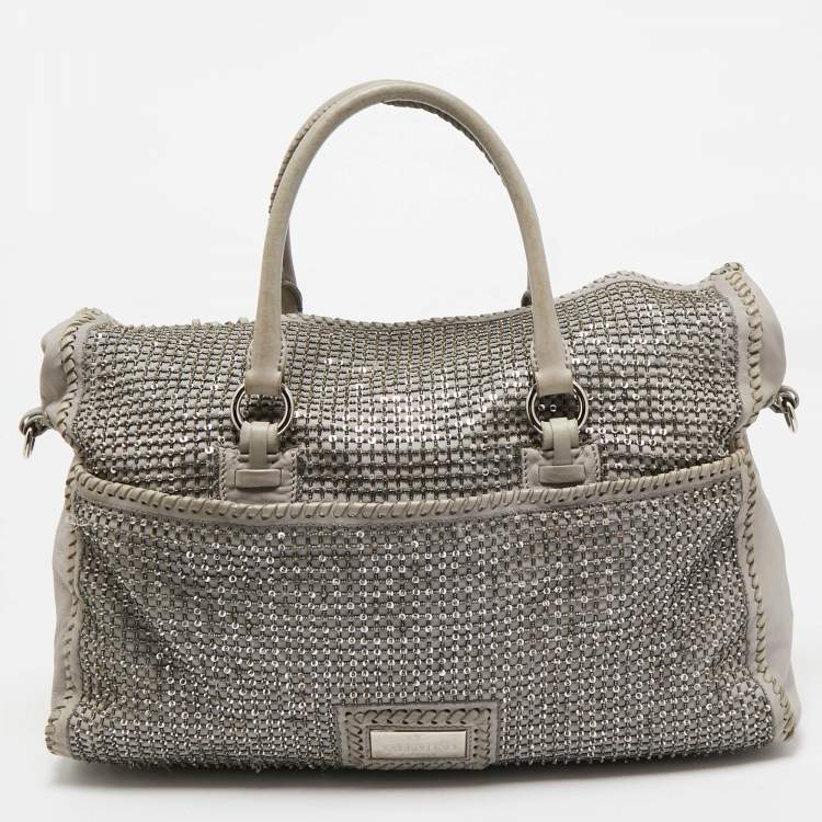 Pre Owned Valentino Grey Leather, Beads and Sequins Embellished Satchel