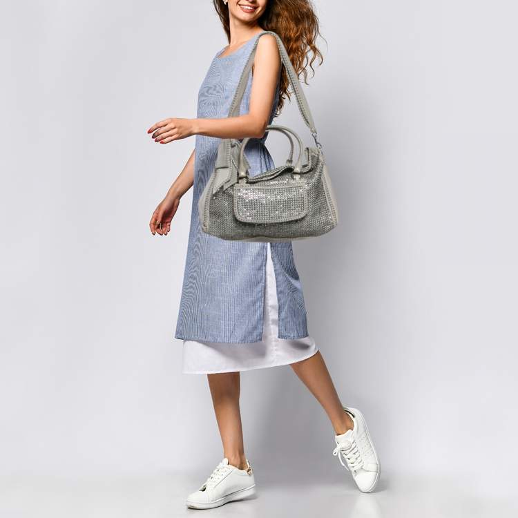 Pre Owned Valentino Grey Leather, Beads and Sequins Embellished Satchel