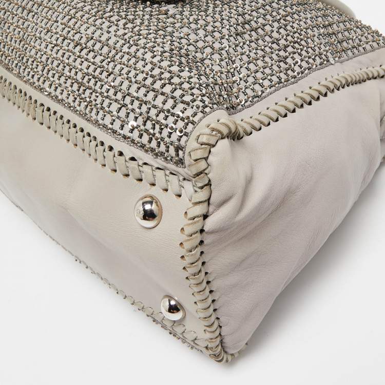Pre Owned Valentino Grey Leather, Beads and Sequins Embellished Satchel