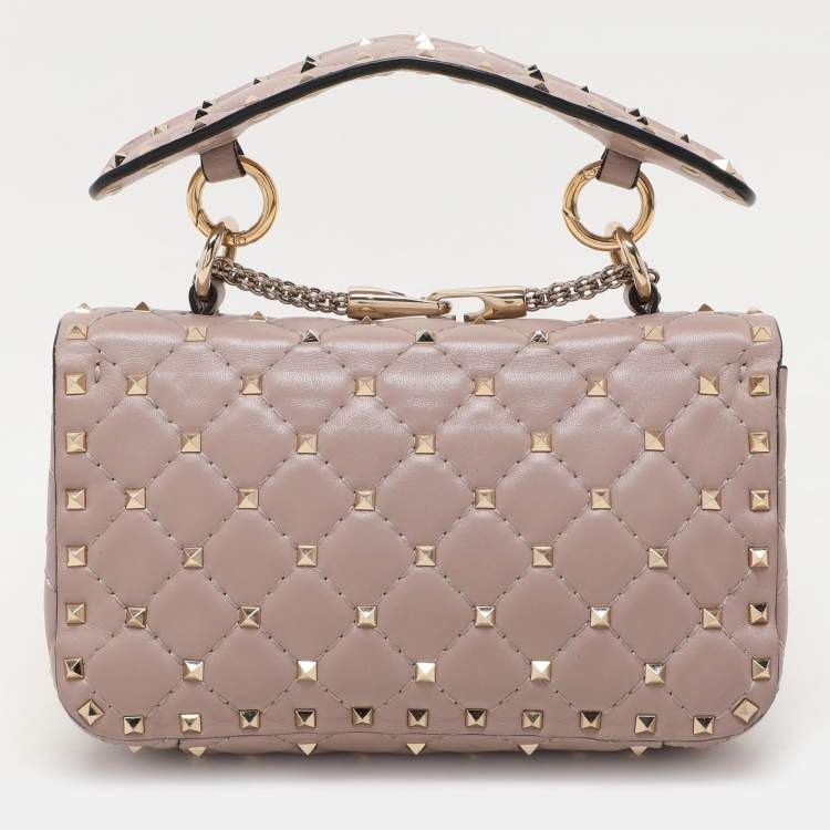 Pre Owned Valentino Beige Leather Small Rockstud Spike Top Handle Bag