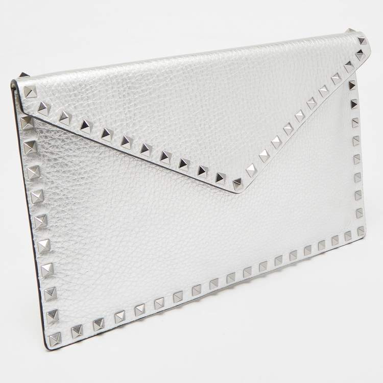 Pre Owned Valentino Silver Leather Rockstud Envelope Flap Clutch