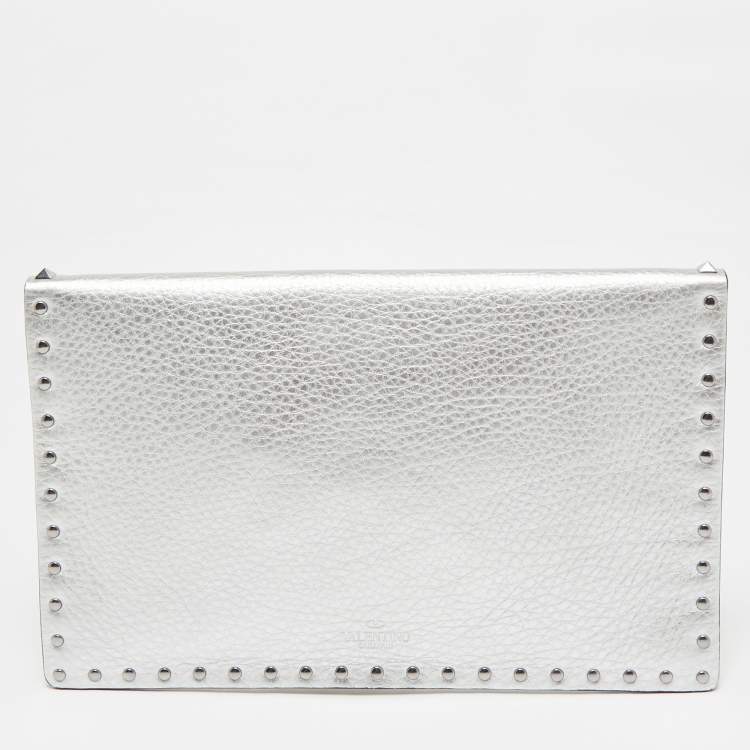 Pre Owned Valentino Silver Leather Rockstud Envelope Flap Clutch