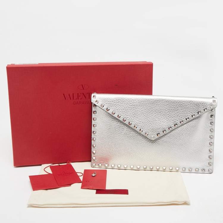 Pre Owned Valentino Silver Leather Rockstud Envelope Flap Clutch