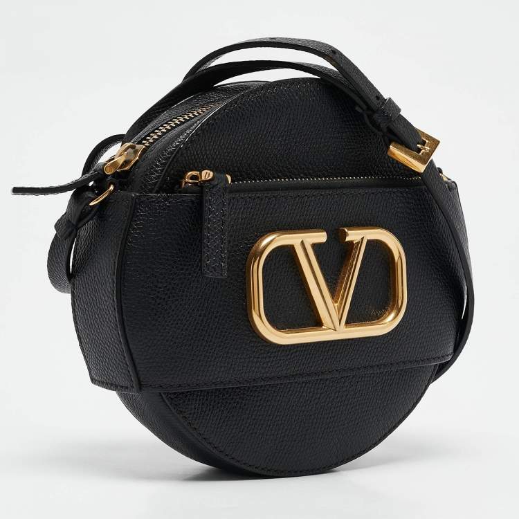 Pre Owned Valentino Black Leather VLogo Round Crossbody Bag
