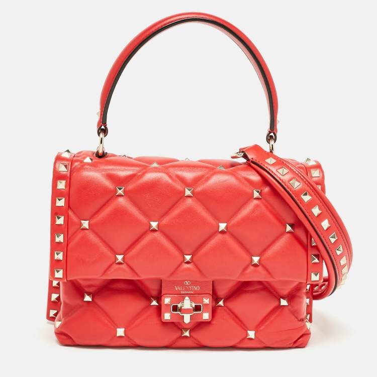 Pre Owned Valentino Red Quilted Leather Medium Candystud Top Handle Bag