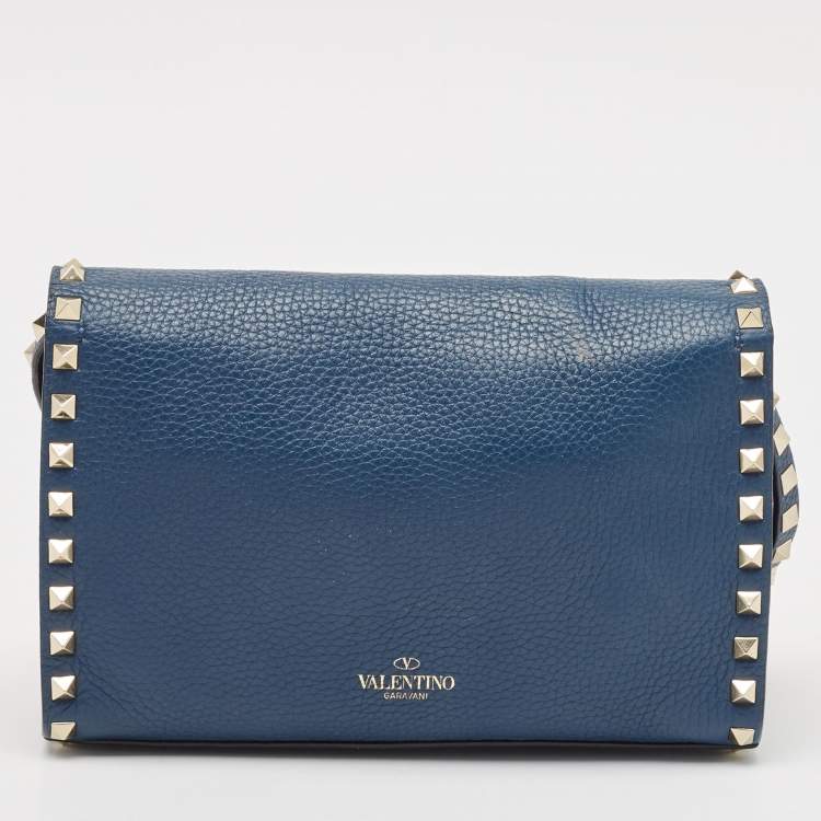 Pre Owned Valentino Blue Leather Rockstud Flap Crossbody Bag