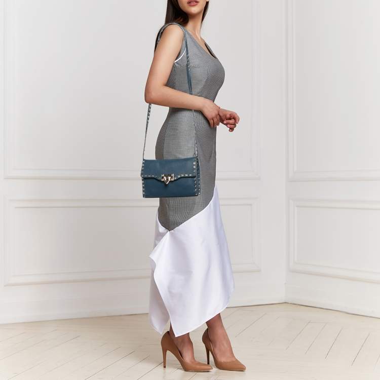 Pre Owned Valentino Blue Leather Rockstud Flap Crossbody Bag