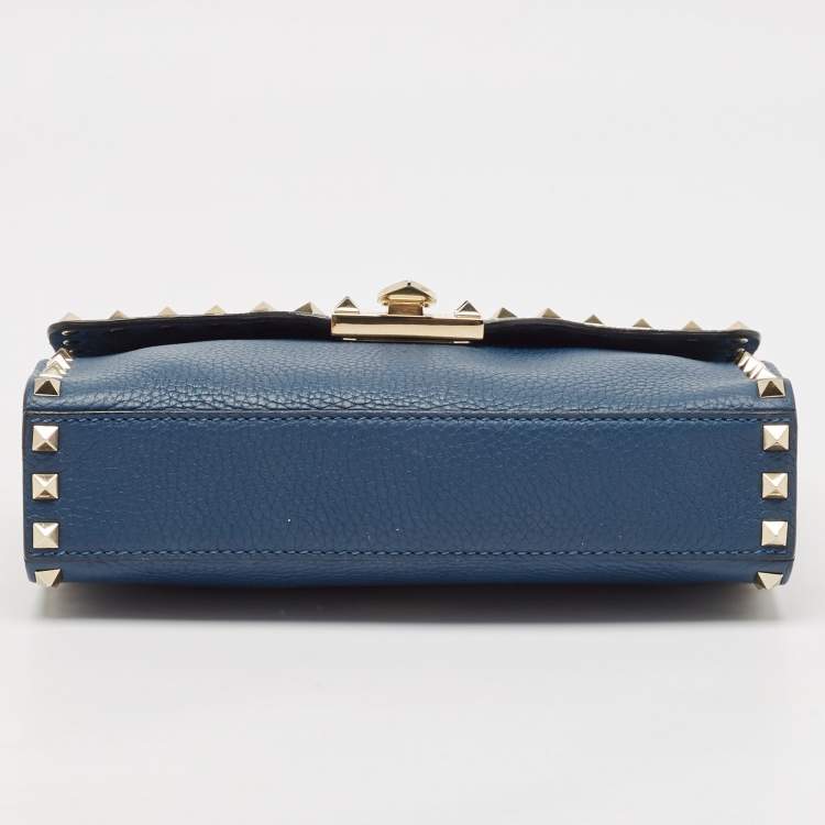 Pre Owned Valentino Blue Leather Rockstud Flap Crossbody Bag