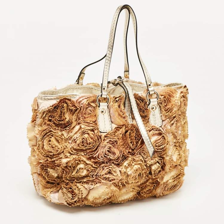 Pre Owned Valentino Multicolor Flower Applique Satin and Leather Tote