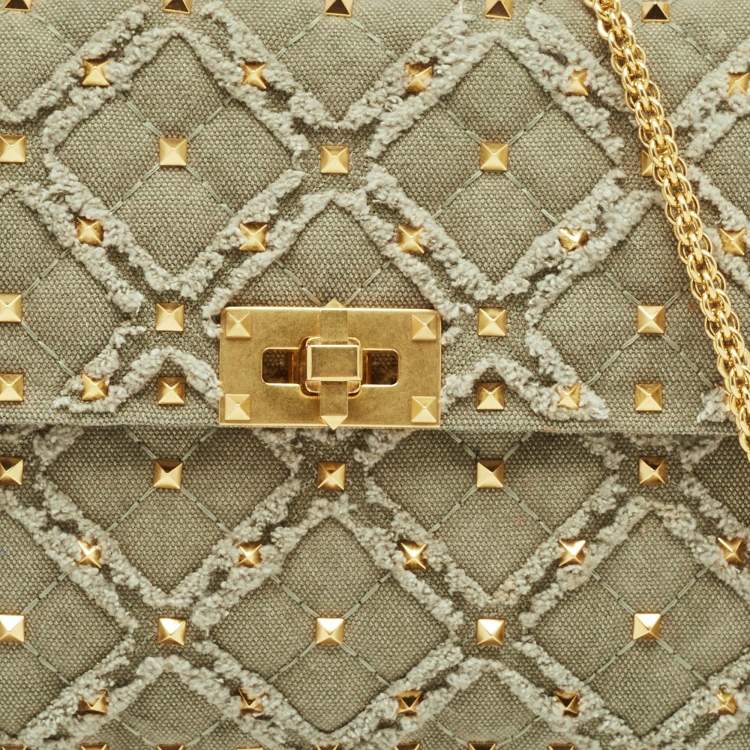 Pre Owned Valentino Olive Green Quilted Denim Medium Rockstud Spike Top Handle Bag