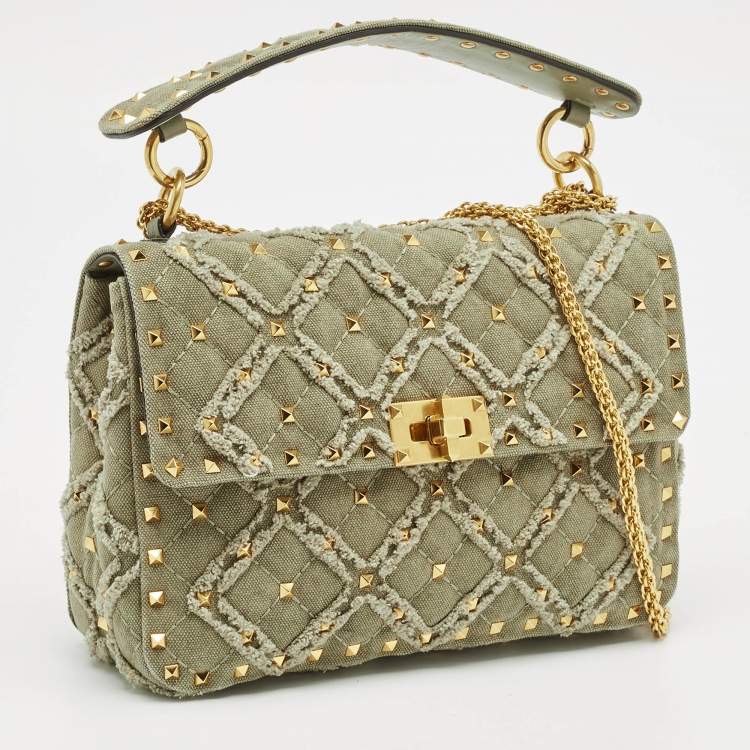 Pre Owned Valentino Olive Green Quilted Denim Medium Rockstud Spike Top Handle Bag