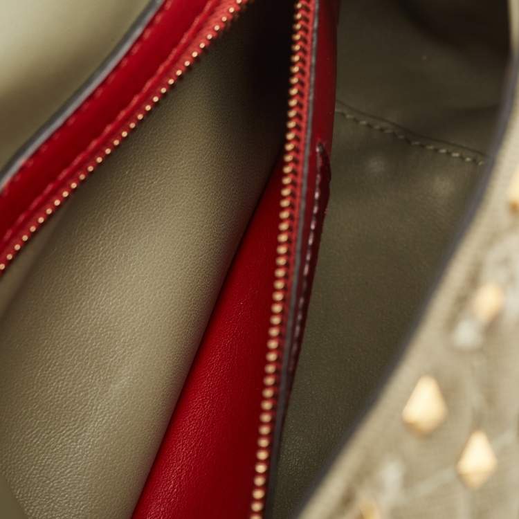 Pre Owned Valentino Olive Green Quilted Denim Medium Rockstud Spike Top Handle Bag