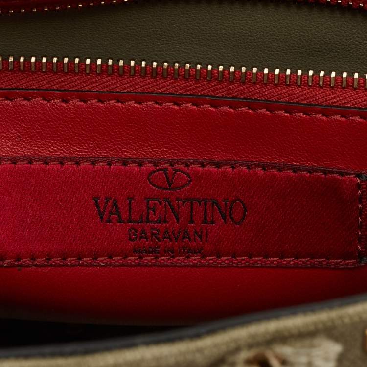 Pre Owned Valentino Olive Green Quilted Denim Medium Rockstud Spike Top Handle Bag