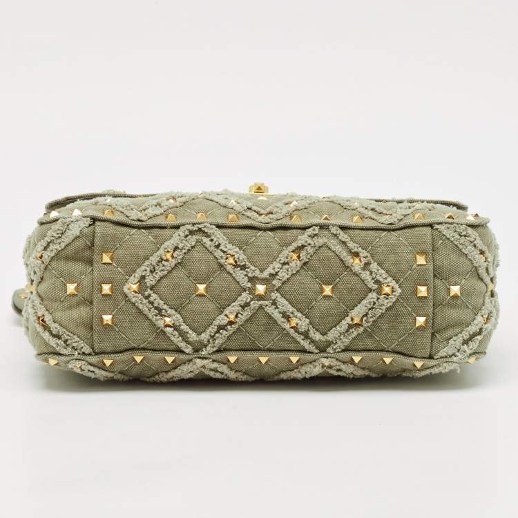 Pre Owned Valentino Olive Green Quilted Denim Medium Rockstud Spike Top Handle Bag