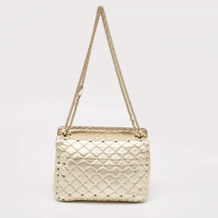 Pre Owned Valentino Gold Quilted Leather Medium Rockstud Spike Top Handle Bag