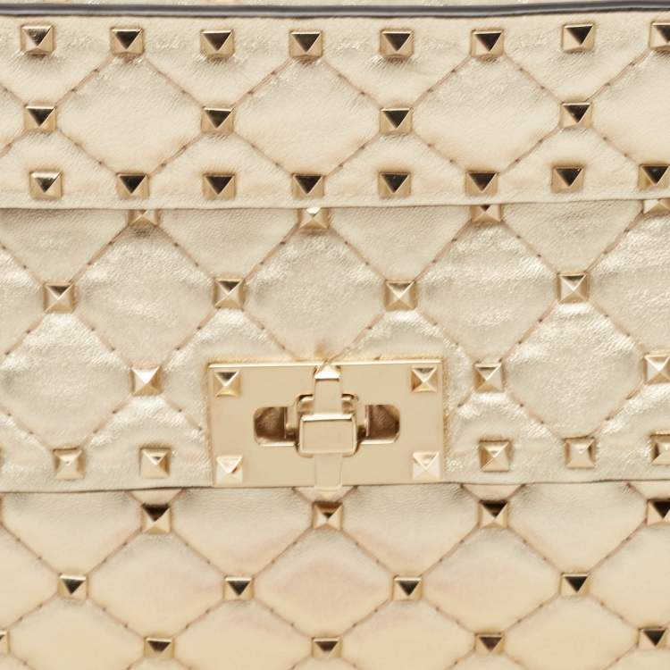 Pre Owned Valentino Gold Quilted Leather Medium Rockstud Spike Top Handle Bag