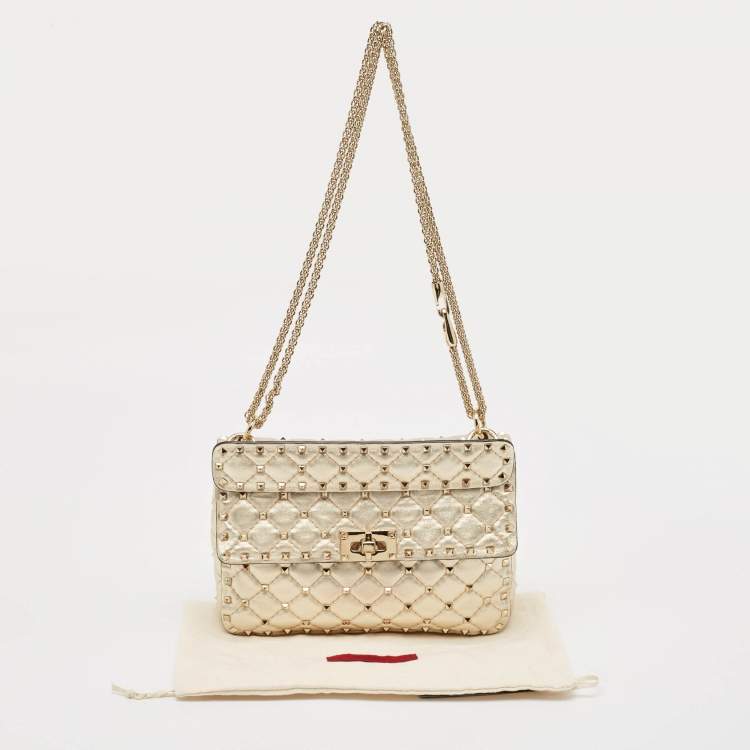 Pre Owned Valentino Gold Quilted Leather Medium Rockstud Spike Top Handle Bag