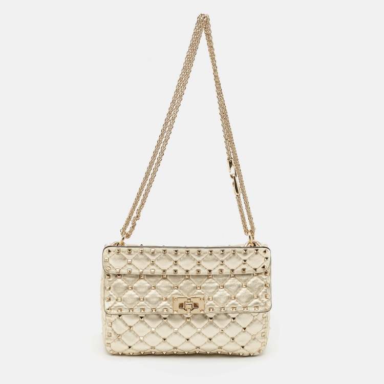 Pre Owned Valentino Gold Quilted Leather Medium Rockstud Spike Top Handle Bag