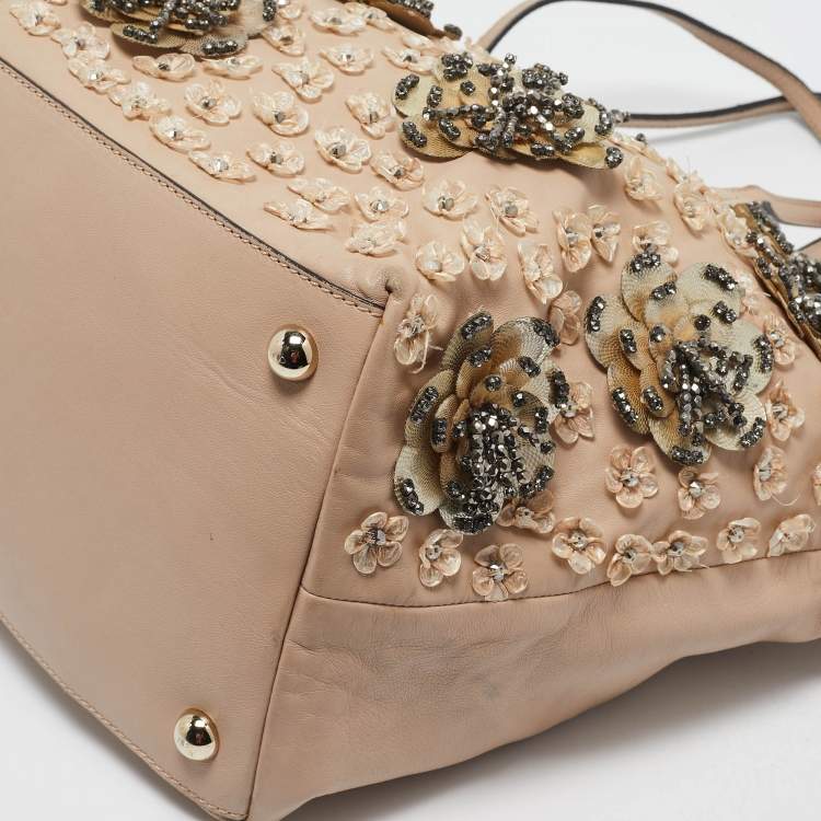 Pre Owned Valentino Beige Leather Sequin Beaded Applique Tote