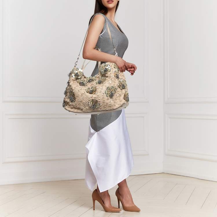 Pre Owned Valentino Beige Leather Sequin Beaded Applique Tote