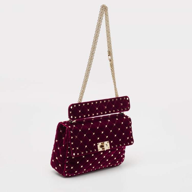 Pre Owned Valentino Burgundy Quilted Velvet Medium Rockstud Spike Top Handle Bag