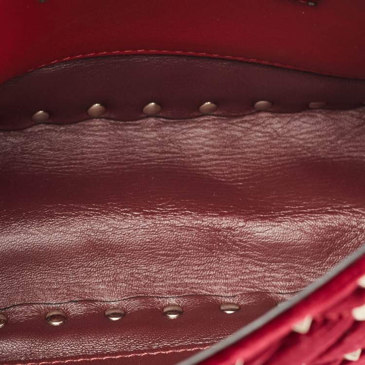 Pre Owned Valentino Burgundy Quilted Velvet Medium Rockstud Spike Top Handle Bag