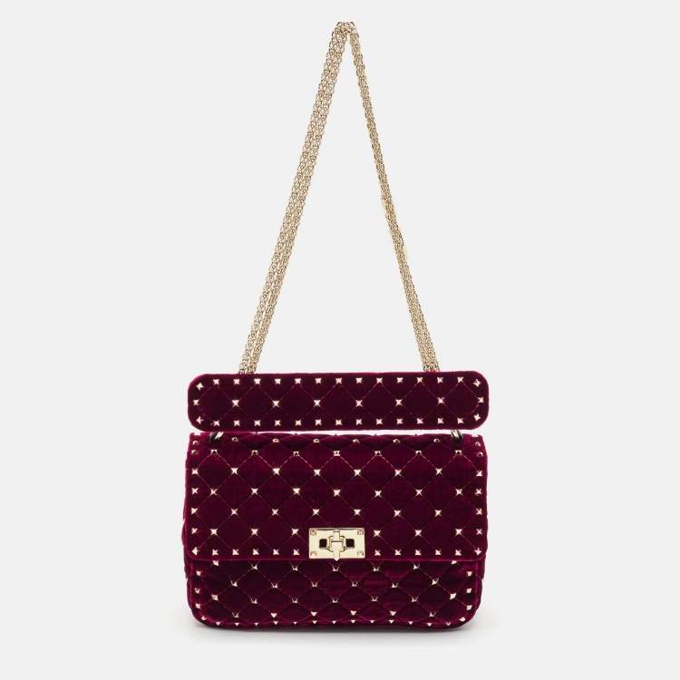 Pre Owned Valentino Burgundy Quilted Velvet Medium Rockstud Spike Top Handle Bag