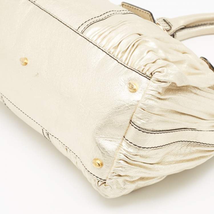 Pre Owned Valentino Gold Pleated Leather Crystal Catch Satchel
