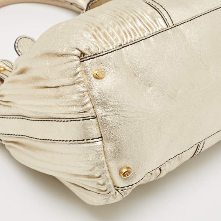 Pre Owned Valentino Gold Pleated Leather Crystal Catch Satchel
